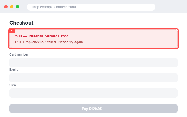 A checkout page showing a 500 Internal Server Error, captured by Oneclik